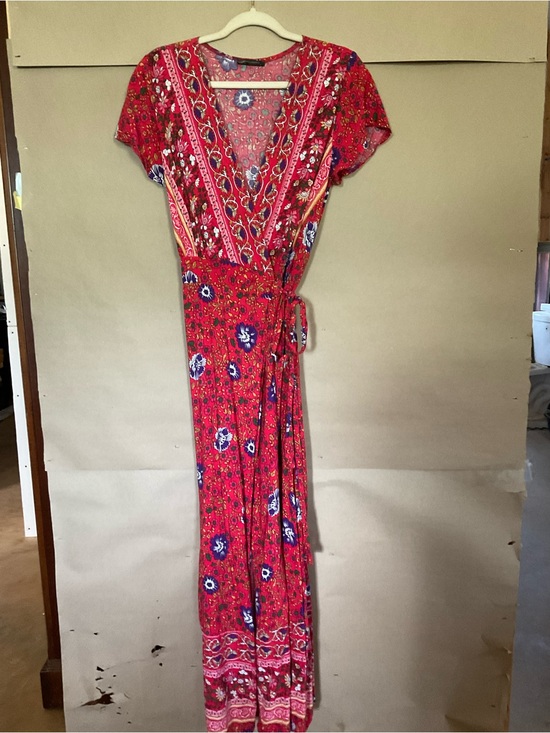 PrettyGarden Dresses & Skirts - Pretty Garden. Red Floral Wrap Maxi Dress with Tie Waist. Size L
